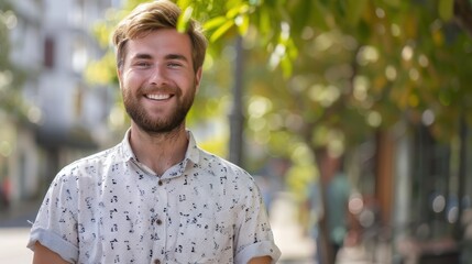 Poster - A man with a beard is smiling and wearing a white shirt with musical notes on it