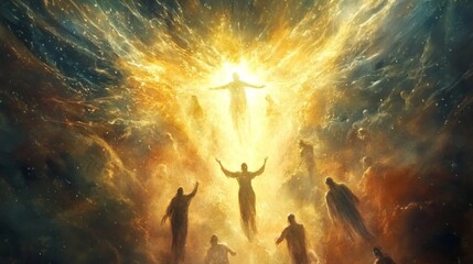 Aufkleber - Celestial beings ascending in a radiant burst of light during a mystical event in a cosmic setting