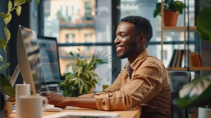 Fototapete - A man is sitting at a desk with two computer monitors