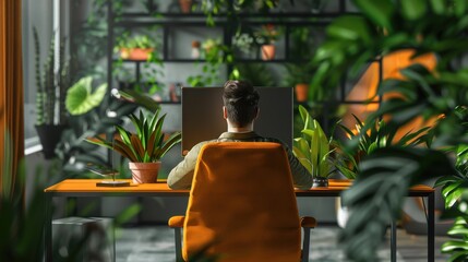 Poster - A man is sitting at a desk in a room with plants