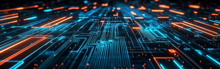 Poster - Abstract digital landscape with glowing circuitry and vibrant neon lights in a technology-inspired setting at night