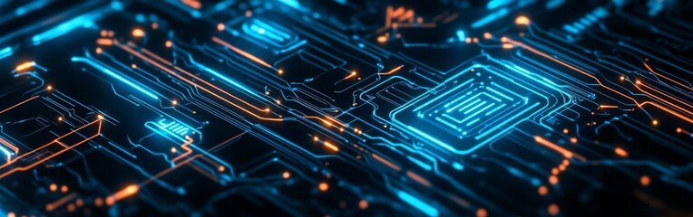 Aufkleber - Intricate blue and orange circuit board design illuminated in a dark environment, showcasing advanced technology and digital connectivity