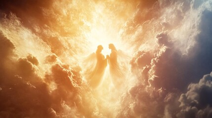 Wall Mural - angelic figures emerging from bright clouds during a dramatic sunset, symbolizing hope and serenity 