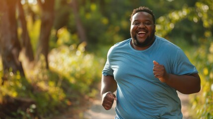 Poster - A man is running in a forest with a big smile on his face