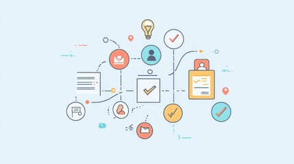 Aufkleber - Visual representation of workflow management using icons, symbols, and text in a light background illustrating organization and efficiency