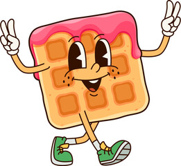 Poster - Groovy Belgian waffle dessert character. Cartoon vector cheerful breakfast personage with strawberry jam dripping. Delicious wafer, pastry snack, cute fresh appetizer, confectionery with smiling face