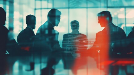 Aufkleber - Silhouetted business professionals engaged in discussion within a modern office, showcasing teamwork and collaboration