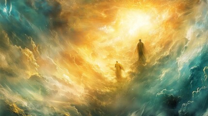 Wall Mural - two figures walking through luminous clouds towards a bright, glowing horizon during a celestial eve