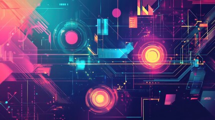 Aufkleber - Vibrant abstract digital art showcasing geometric shapes and glowing circular elements in a futuristic style