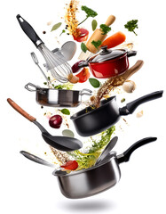 Kitchen Utensils. Set of cooking utensils, pots, spatulas, spoons, floating with splash effects from food ingredients