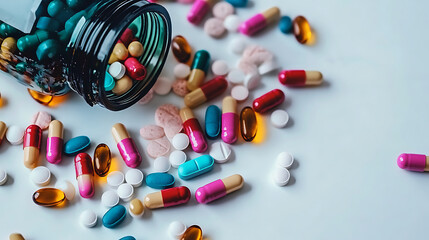  assortment of colorful medicine capsules scattered on white surface pills spill from pharmacy bottles representing pharmaceutical industry and healthcare. AI generate. high resolution image