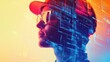 © vadosloginov - A digital artist wearing sunglasses and a cap gazes into the future, surrounded by vibrant, abstract technology patterns