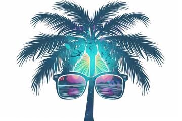 Summer tropical Palm tree silhouette with sunglasses vector illustration clipart on white background