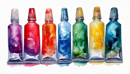 Colorful watercolor paint tubes, isolated on a white background. Watercolor illustration.