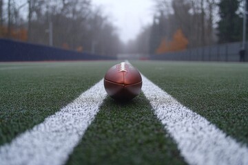 A close-up shot of an American football on the field, with white lines and green grass in the background. The ball is centered and placed at the one-yard line.