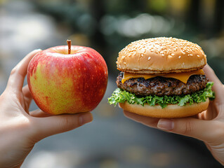 choice between hamburger and apple, healthy eating and lifestyle concept. 