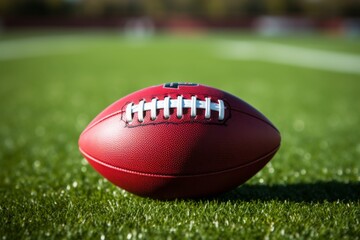 A close-up shot of an American football on the field, with white lines and green grass in the background. The ball is centered and placed at the one-yard line.