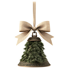 Wall Mural - Golden Christmas bell ornament with pine sprigs and bow isolated on transparent background.
