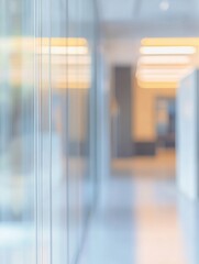 Wall Mural - Blurred background of a modern office interior with glass windows and a polished concrete floor, providing ample copy space for text. 