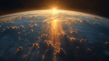 Wall Mural - a rocket launches into space at sunrise, with the earth and sun in the background.
