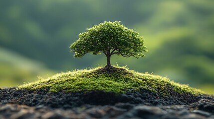 A single, small tree on a grassy mound with a blurred background of green hills.