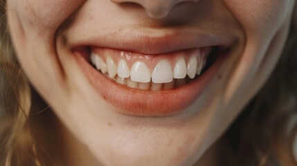 Close-up of a woman's smile with beautiful natural teeth.