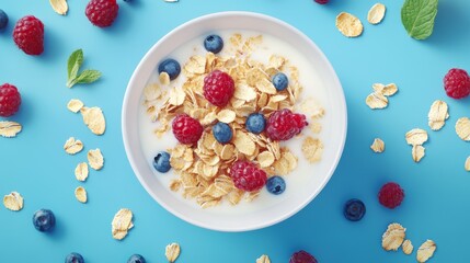 Bowl of oat flakes with milk and berries