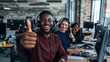 © Maksym - A bright and vibrant office filled with diverse customer service agents wearing headsets, all smiling and giving a big thumbs up, reflecting their enthusiasm and passion for their