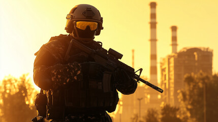 Bathed in golden sunlight, a soldier in combat gear stands alert with a weapon, the sleek, modern structures of a nuclear power plant behind him, emphasizing the high-security envi