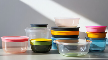 A collection of different-sized plastic food containers with colorful lids and clear bowls.