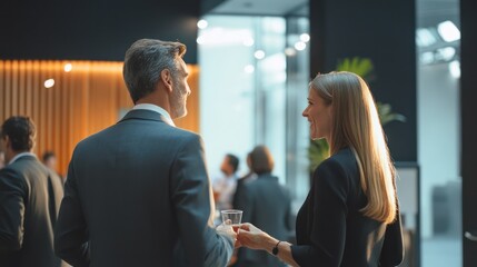 Businesspeople networking at a corporate event in a modern conference hall