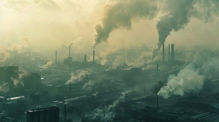 An industrial cityscape shrouded in smog and pollution, with factories emitting smoke into the atmosphere, symbolizing human contribution to climate change