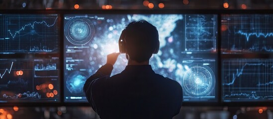 Silhouetted Figure Analyzing Data on Multiple Screens