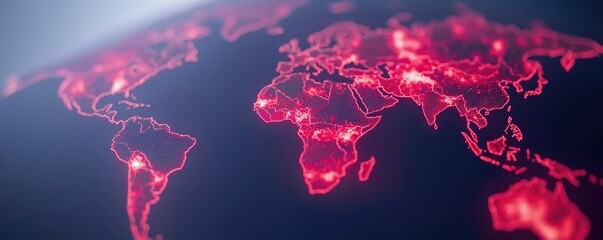 A glowing red map of the world, showcasing a network of connections and data visualization, ideal for tech and global themes.