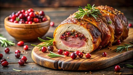 Wall Mural - Roasted Stuffed Poultry with Cranberry Garnish and Rosemary Sprigs on a Rustic Wooden Cutting Board