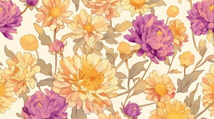 Seamless pattern featuring hand-drawn dahlia flowers in vibrant colors, showcasing intricate details and floral beauty, perfect for textiles, wallpapers, and stationery designs.