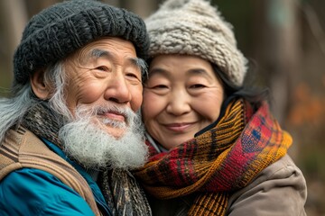 Wall Mural - Happy senior asian woman and man embracing in the park in winter