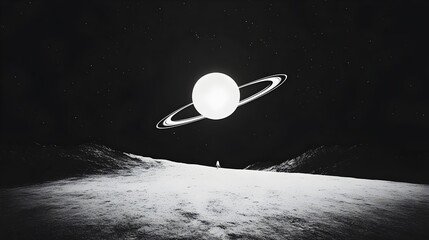 A lone figure walks across a desolate landscape, dwarfed by a massive planet with rings in the distance. The scene is bathed in a surreal black and white light.