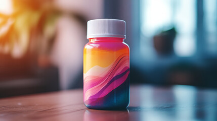 A vibrant vitamin bottle with abstract colors, placed on a wooden surface, combining health and modern design aesthetics.