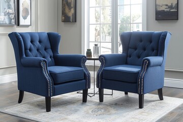 Set of two blue armchairs with button tufting and nailhead trim on light grey rug in modern living room setting, high-definition photography.