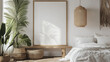 © Vector point - Home mockup, bedroom interior background with rattan furniture and blank wall, Coastal style. Mockup, hölzernes Bilderrahmen-Modell an der Wand im modernen Interieur.