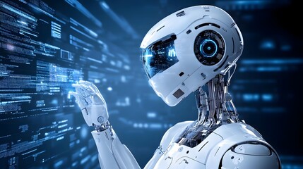 Futuristic Robot Interacting With Digital Data Stream