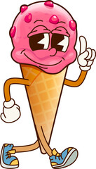 Poster - Groovy fast food ice cream character with a lively expression, cheerfully walking and showing finger up gesture. Isolated cartoon vector playful cone summer treat personage exudes fun and creativity