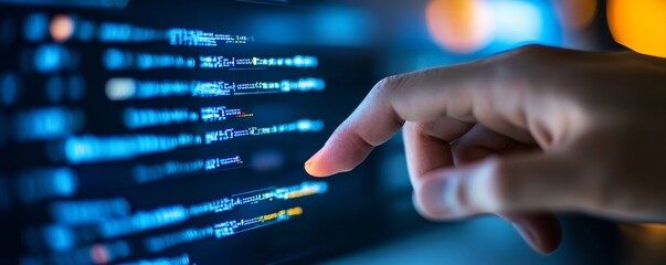 Human hand interacting with digital screen displaying code lines.