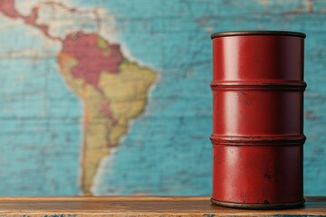 Red metal barrel on wooden table with a map background, vintage and rustic style.