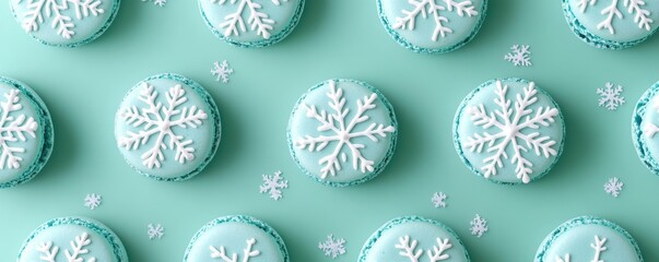 Christmas snow macaroons on color background,French macaroons for a christmas retail display,christmas tree in bakery shop,Open shop window with specialties pastry in holiday season.