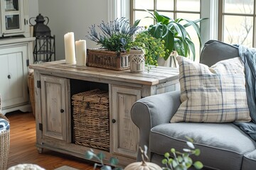 Rustic grey side table with two baskets and a door, positioned near a sofa chair in a farmhouse-style living room with warm natural lighting.