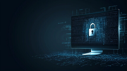 Wall Mural - A digital padlock icon displayed on a computer monitor, surrounded by encrypted code, representing high-level data security, with clean copy space for additional text.