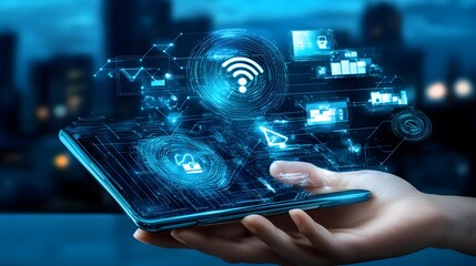 Hand holding smartphone with glowing digital icons and network connection