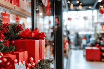 Festive red gift boxes in a holiday store display setting